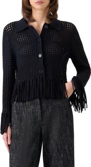 Akris punto Chunky Fringe Open Stitch Cotton Cardigan