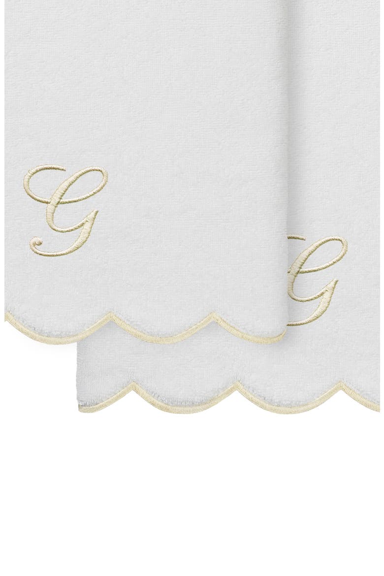 Adornia Scallop Set of 2 Monogram Bath Towels, Alternate, color, WHITE/ BEIGE G