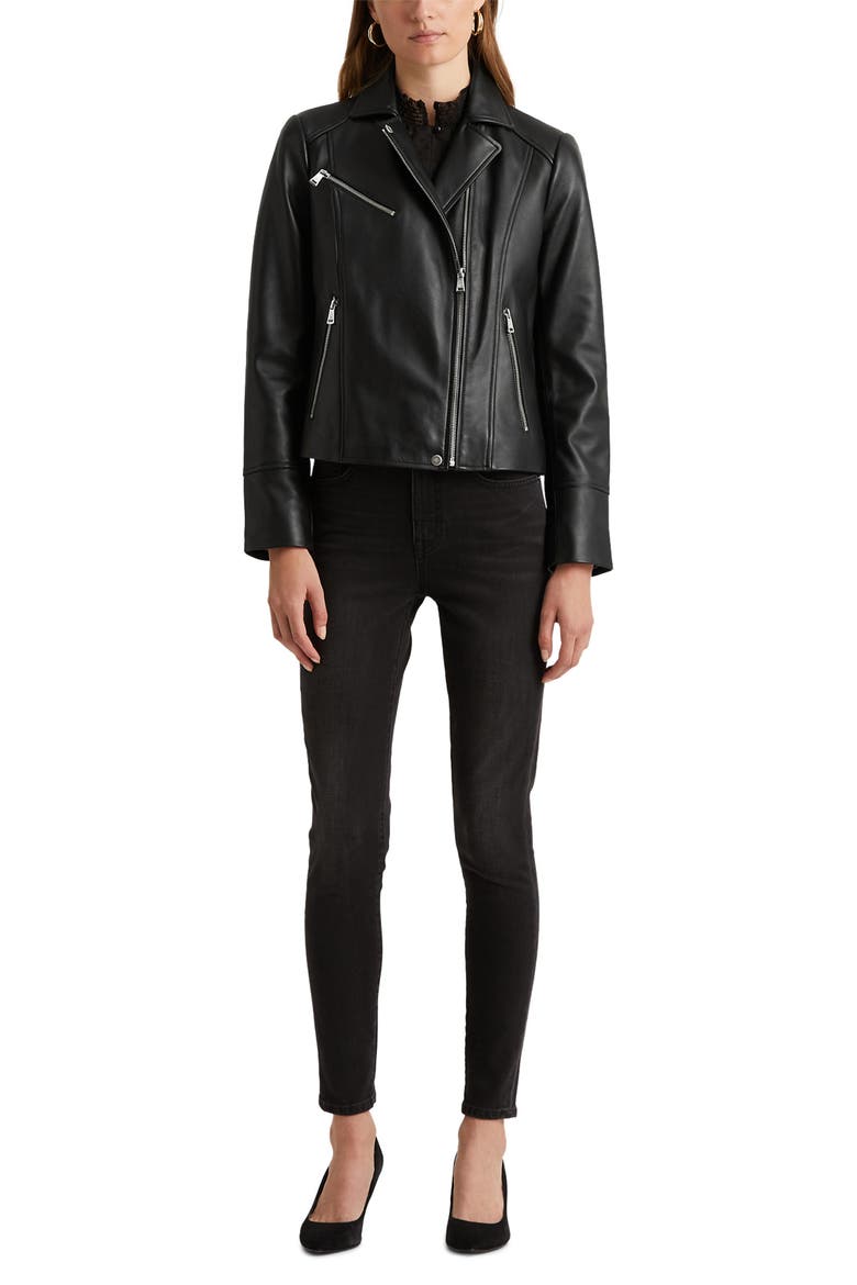 Lambskin Leather Moto Jacket, Alternate, color, BLACK
