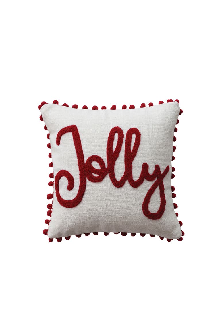 Jolly Embroidered Cotton Slub Pillow with Pom Pom Trim, Main, color, Red and White