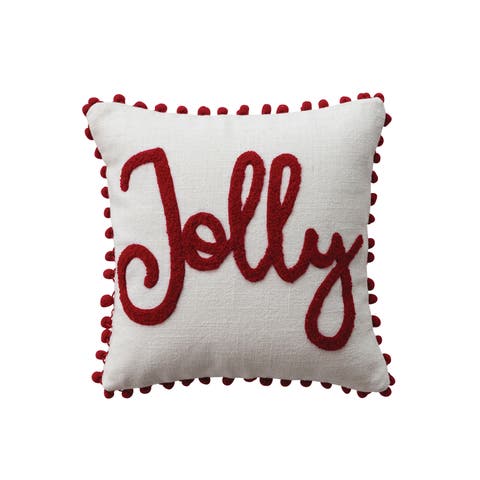 Jolly Embroidered Cotton Slub Pillow with Pom Pom Trim