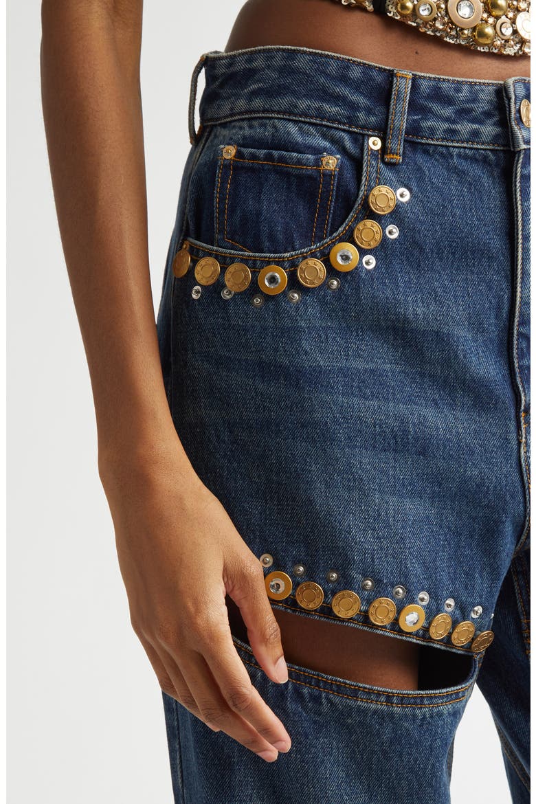 Crystal Button Studded Cutout Straight Leg Jeans, Alternate, color, DARK BLUE