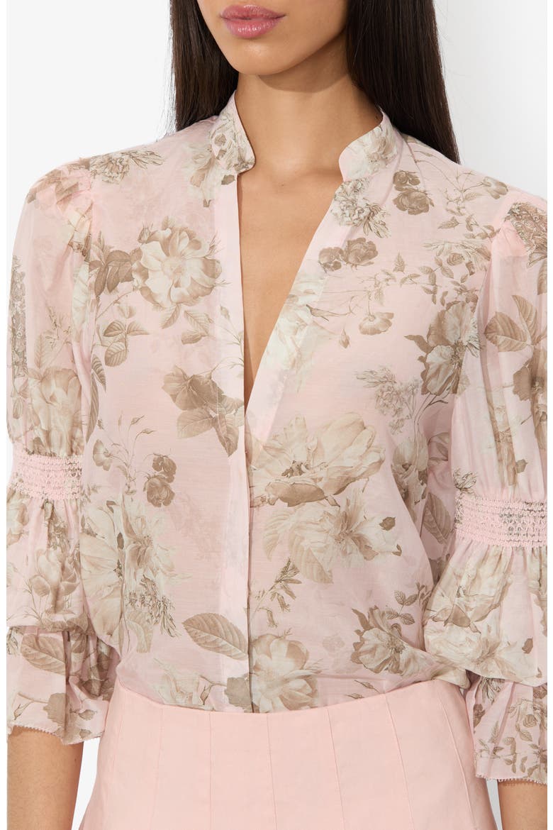 Ilan Smocked Puff Shoulder Cotton & Silk Shirt, Alternate, color, PINK MEADOW