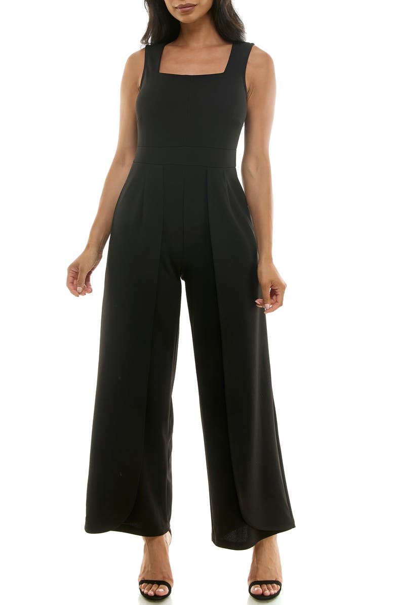Nina Leonard Square Neck Sleeveless Tulip Hem Jumpsuit, Main, color, Black