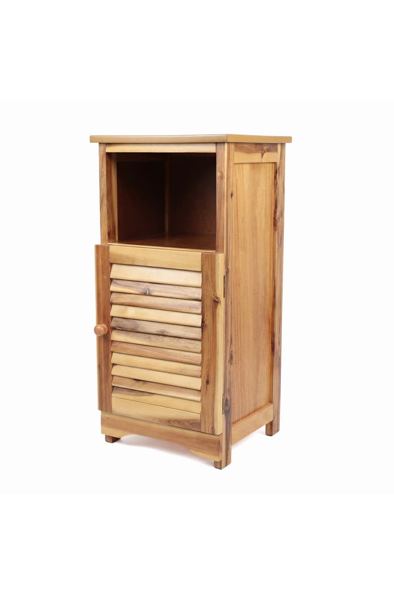 Serene Handcrafted Acacia Wood Bathroom Freestanding Floor Storage Cabinet with Louvered Door and Open Shelf, Main, color, Natural