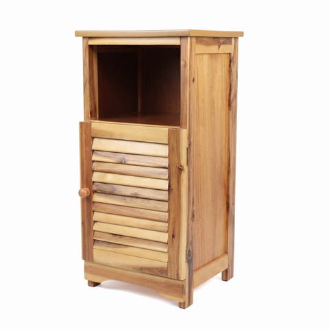 Serene Handcrafted Acacia Wood Bathroom Freestanding Floor Storage Cabinet with Louvered Door and Open Shelf