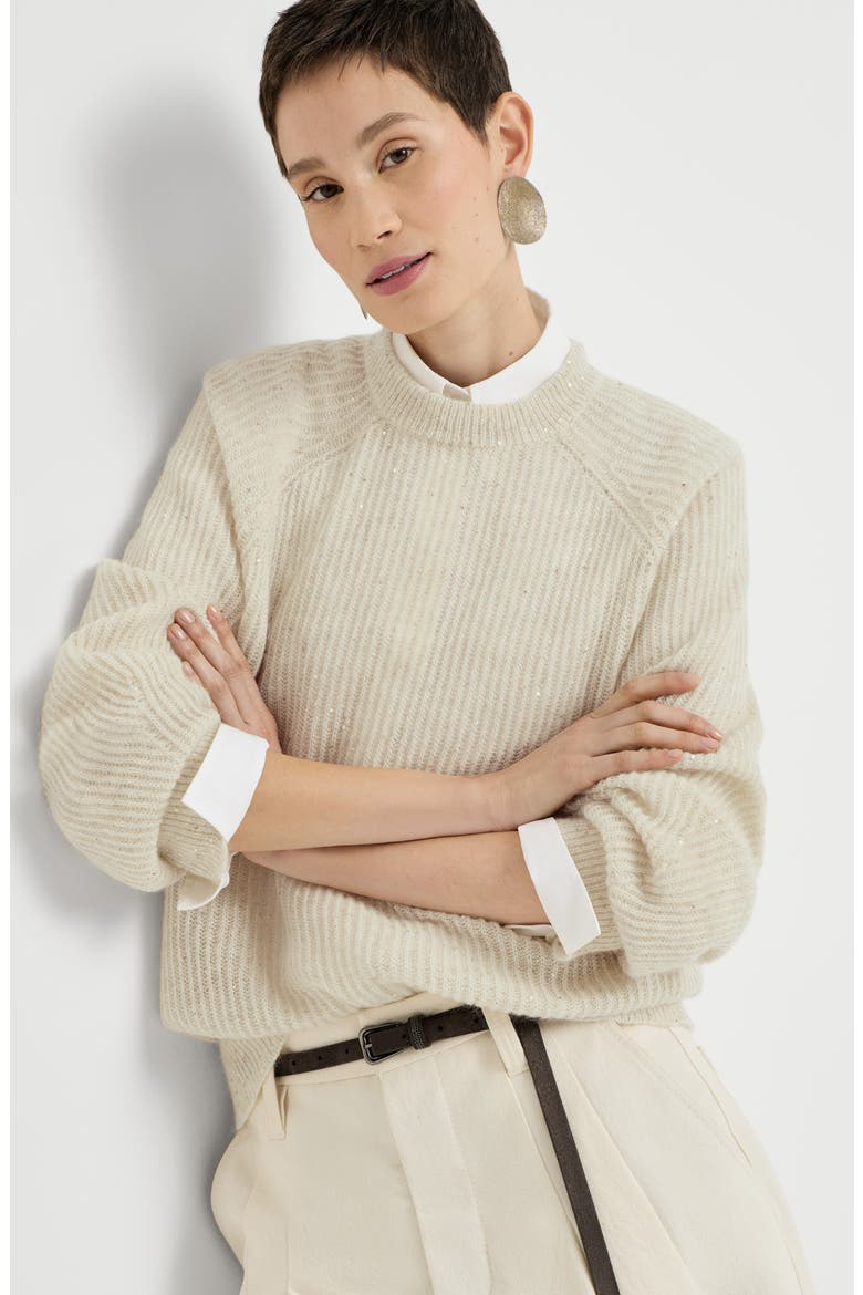 Mohair, cotton and wool Diamond yarn English rib sweater, Alternate, color, Ivory