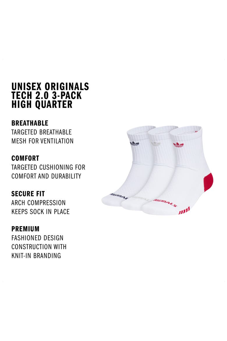 Gender Inclusive Originals Tech 2.0 3-Pack Quarter Socks, Alternate, color, WHITE/ NIGHT INDIGO/ RED