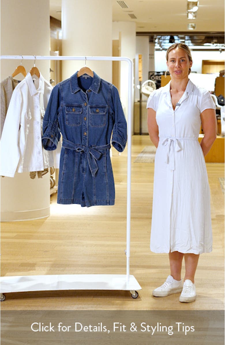 Barrel Sleeve Tie Waist Denim Romper, sales video thumbnail