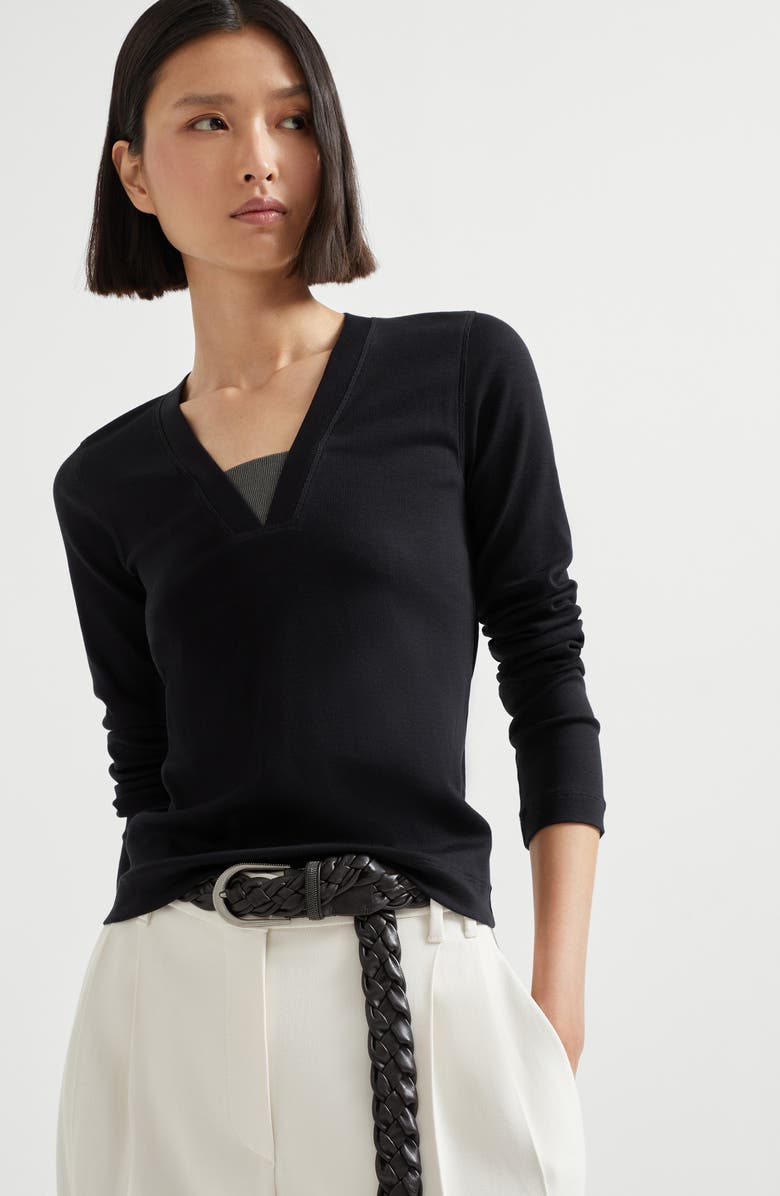 Brunello Cucinelli Ribbed jersey T-shirt, Alternate, color, Black