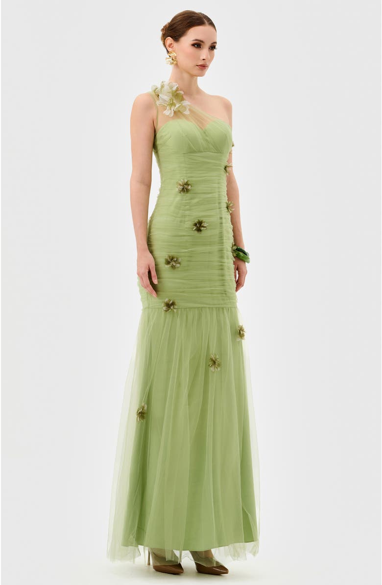 Bariano Karoline One Shoulder Tulle Gown, Alternate, color, Pistachio Green