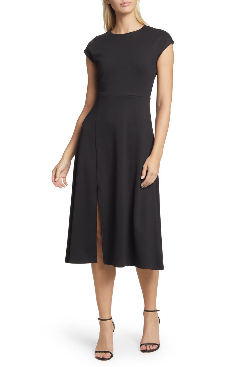 Cap Sleeve Front Slit Knit Dress, Main, color, BLACK