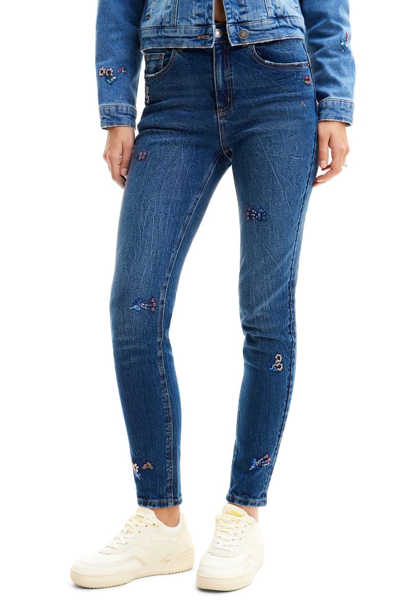 Desigual Slim Beaded Floral Jeans, Main, color,