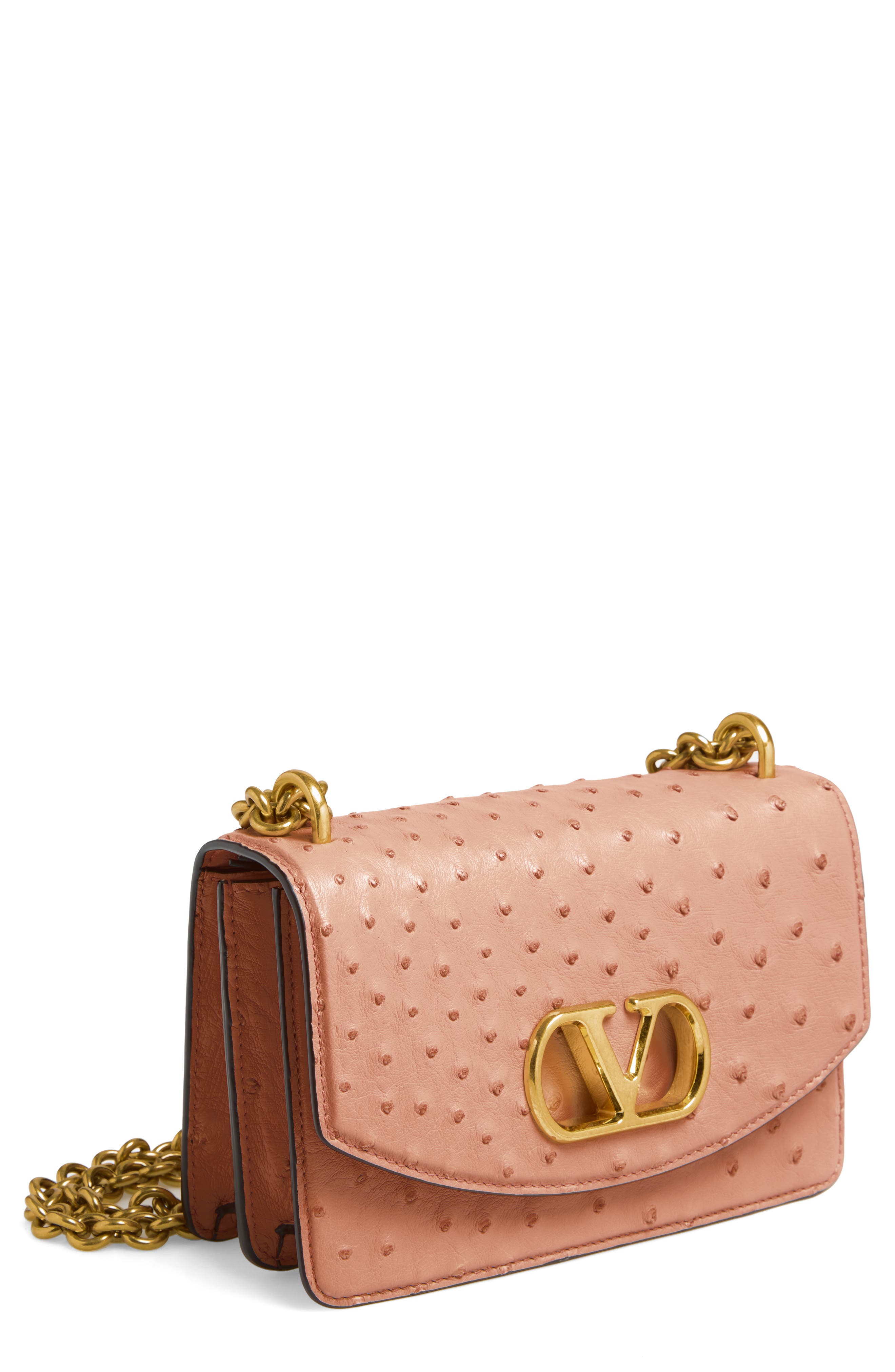 Valentino Garavani Small DeVain Ostrich Leather Shoulder Bag, Main, color, Pink