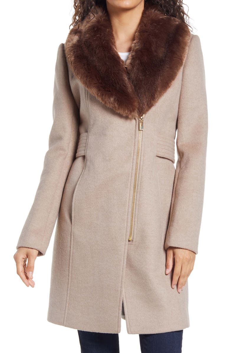 Via Spiga Asymmetrical Wool Coat with Faux Fur Collar, Alternate, color, 