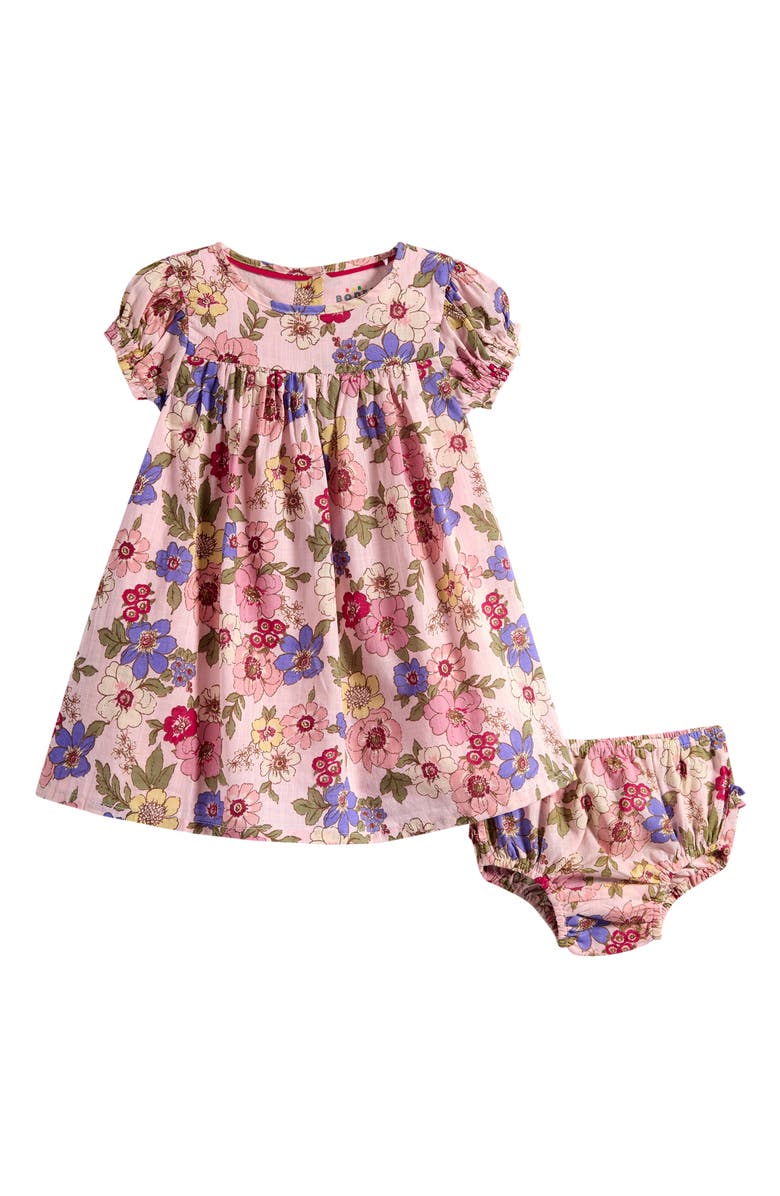 Mini Boden Floral Cotton Dress & Bloomers Set, Main, color, Mid Pink Floral