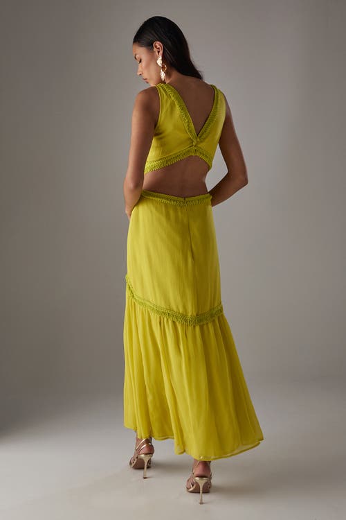 Warehouse Chiffon Fringe Trim Cut Out Maxi Dress In Green