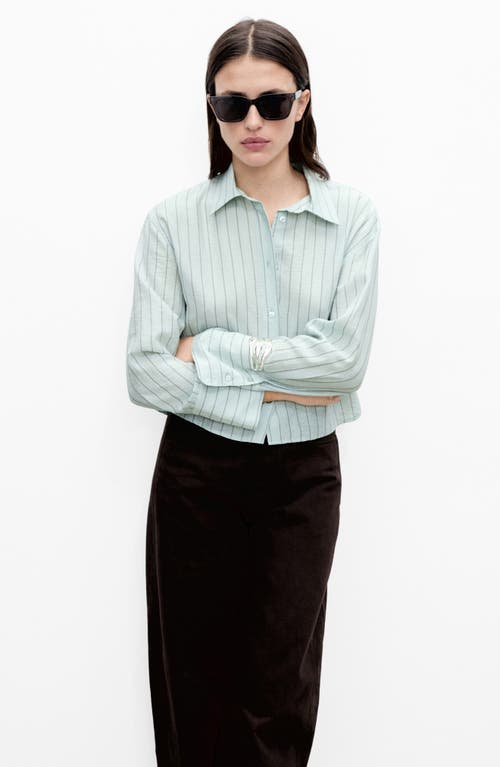 Mango Stripe Crop Button-up Shirt In Green