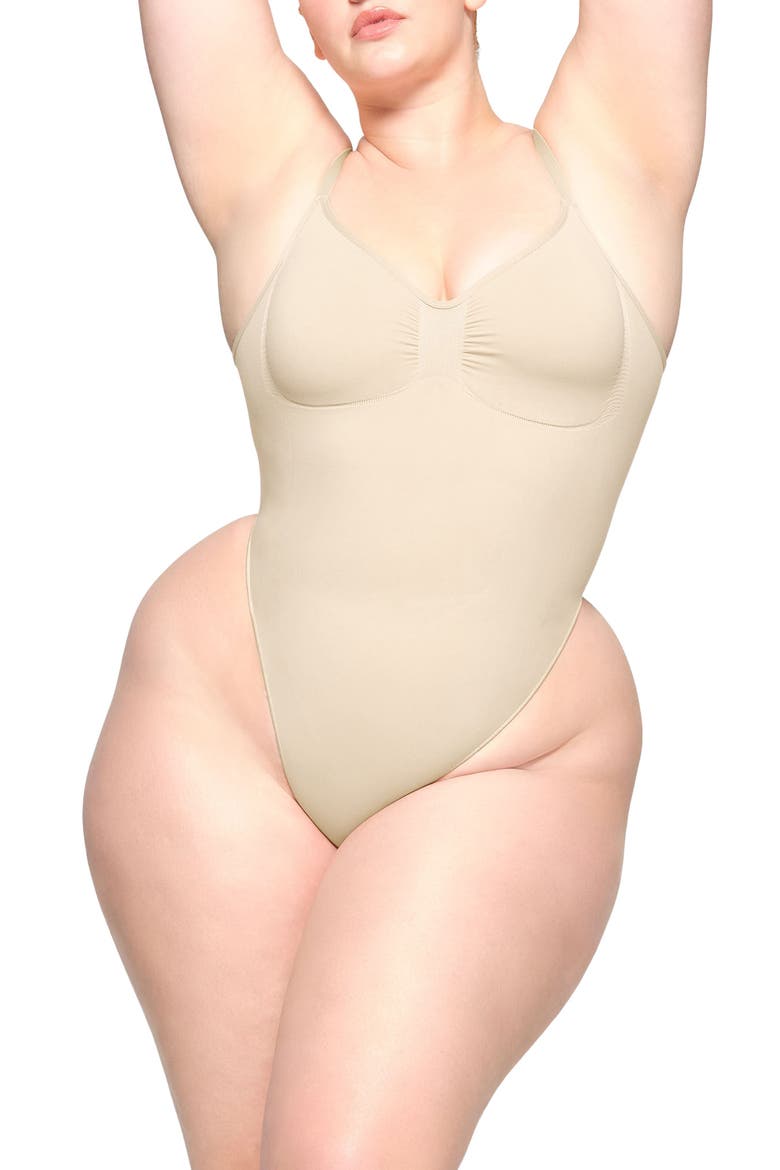 Seamless Sculpt Low Back Thong Bodysuit, Main, color, SAND