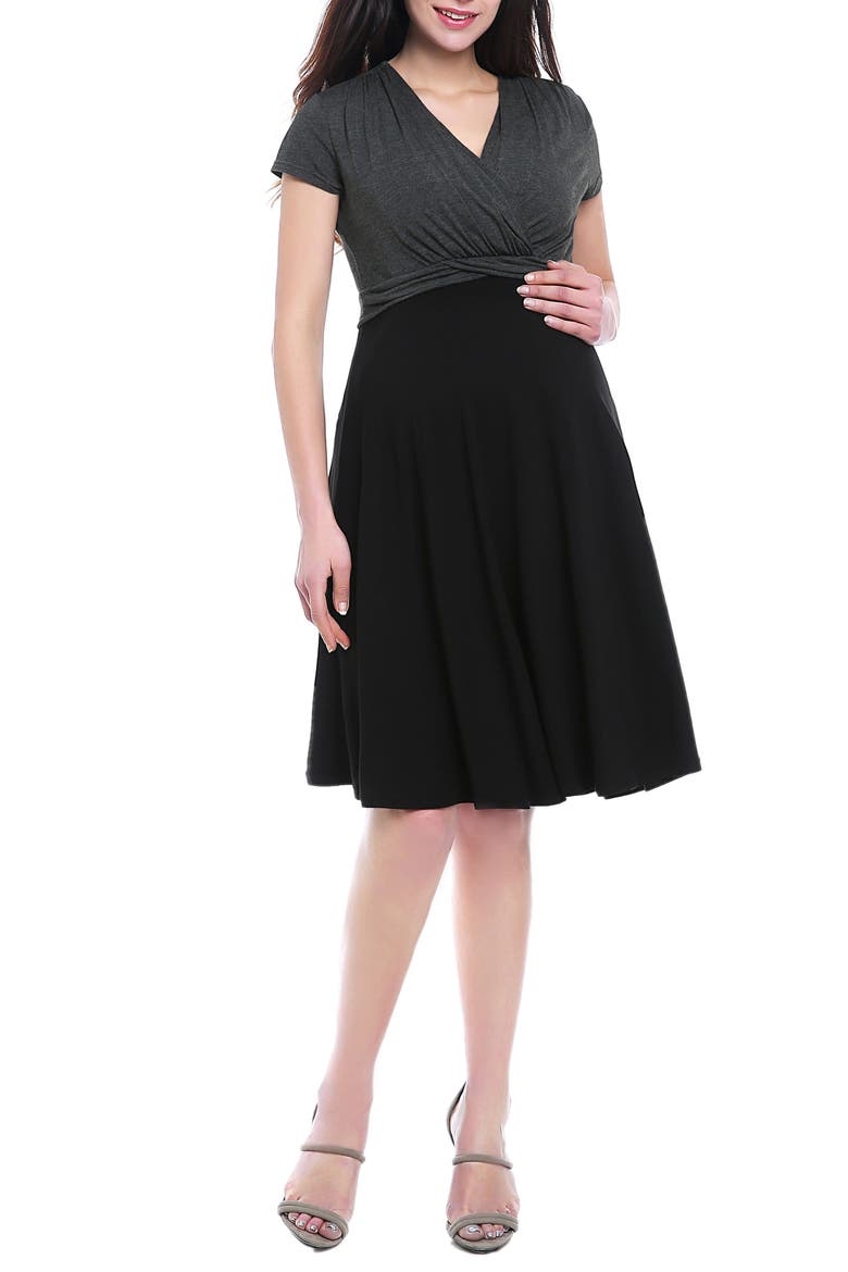 Sarah Faux Wrap Maternity/Nursing Dress, Main, color, BLACK/ GREY