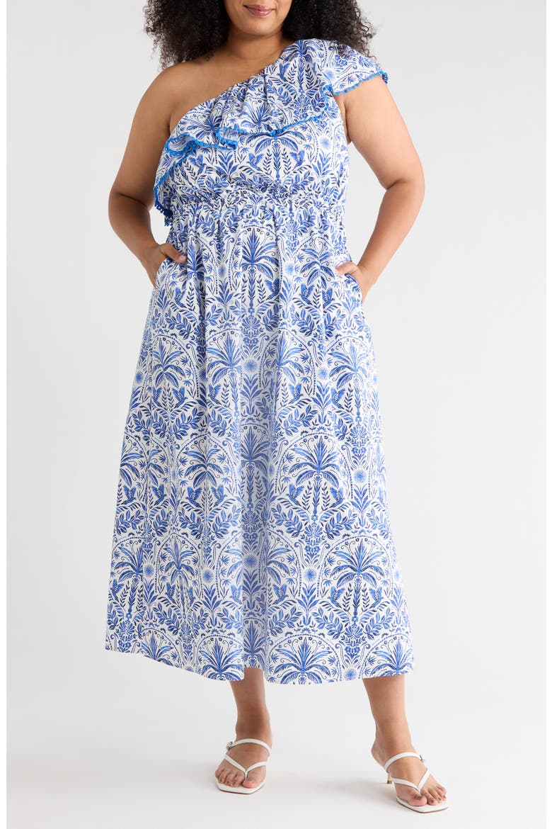 Romina Tropical Suraya One-Shoulder Cotton Midi Dress, Main, color, BLUE-WHITE-MULTI