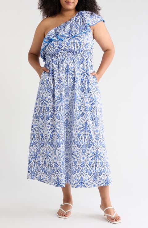 Romina Tropical Suraya One-Shoulder Cotton Midi Dress (Plus)