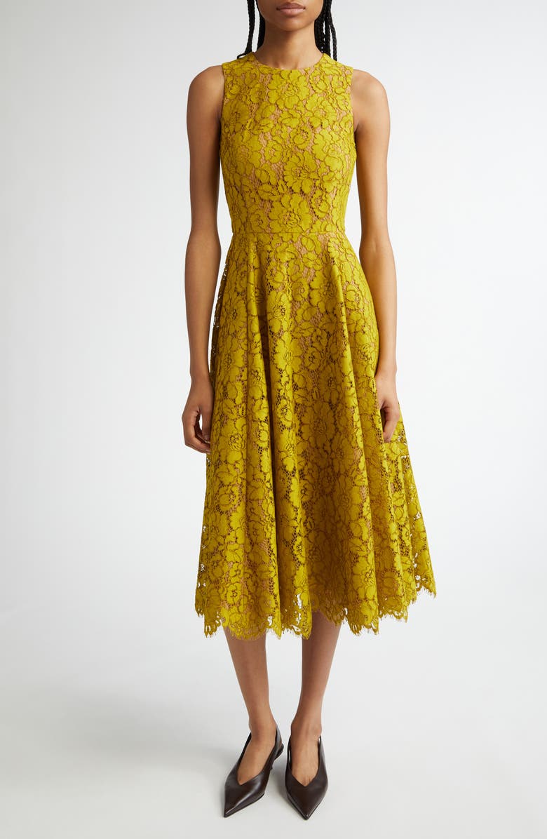 Michael Kors Collection Floral Lace Sleeveless Fit & Flare Midi Dress, Main, color, Moss