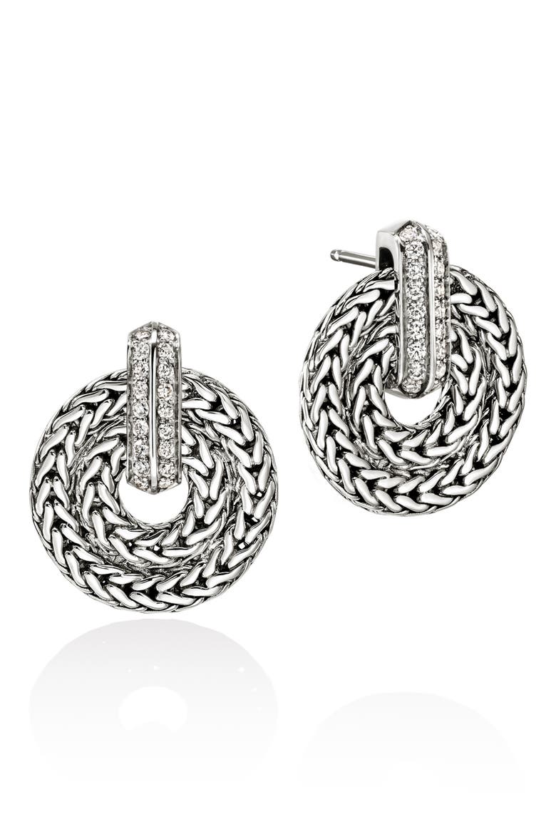 Icon Link Diamond Pavé Frontal Hoop Earrings, Main, color, SILVER