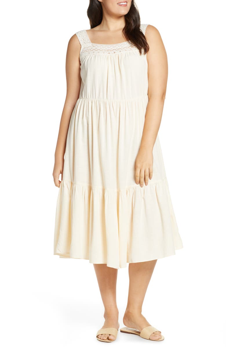Madewell Crochet Strap Tiered Midi Dress, Alternate, color,