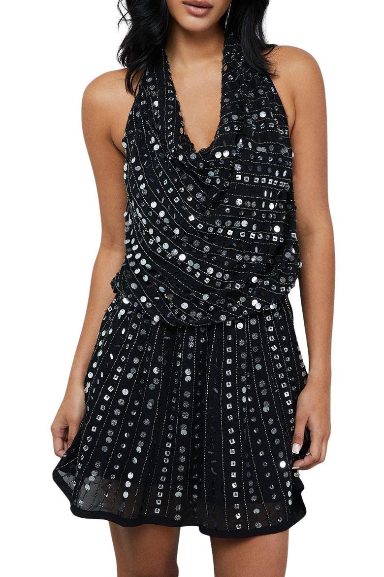 Sequin Cowl Front Flippy Mini Dress, Alternate, color, Black