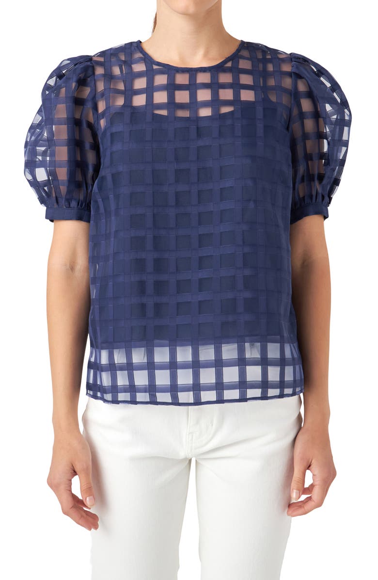 English Factory Windowpane Sheer Top, Main, color, Navy