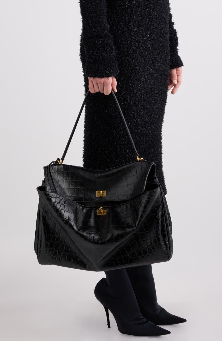 Balenciaga Large Rodeo Croc Embossed Leather Shoulder Bag, Alternate, color,