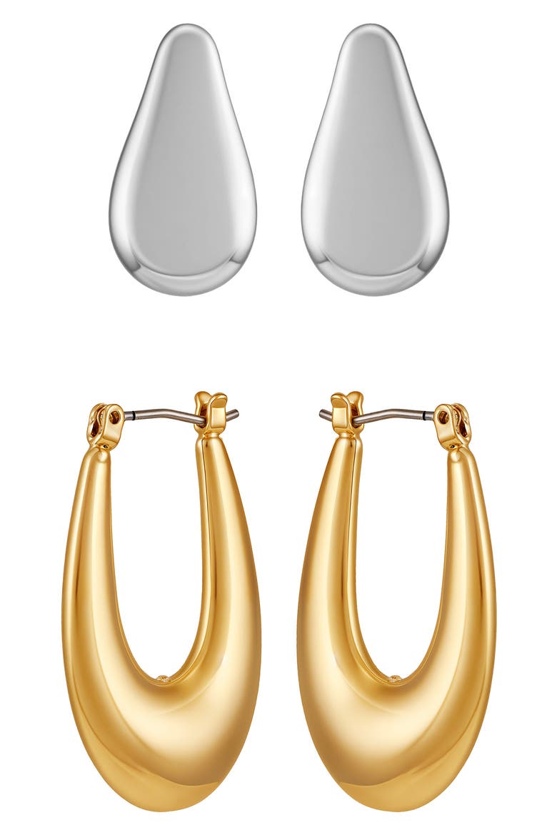 Set of 2 Two-Tone Teardrop & Oval Hoop Earrings, Main, color, TWO TONE