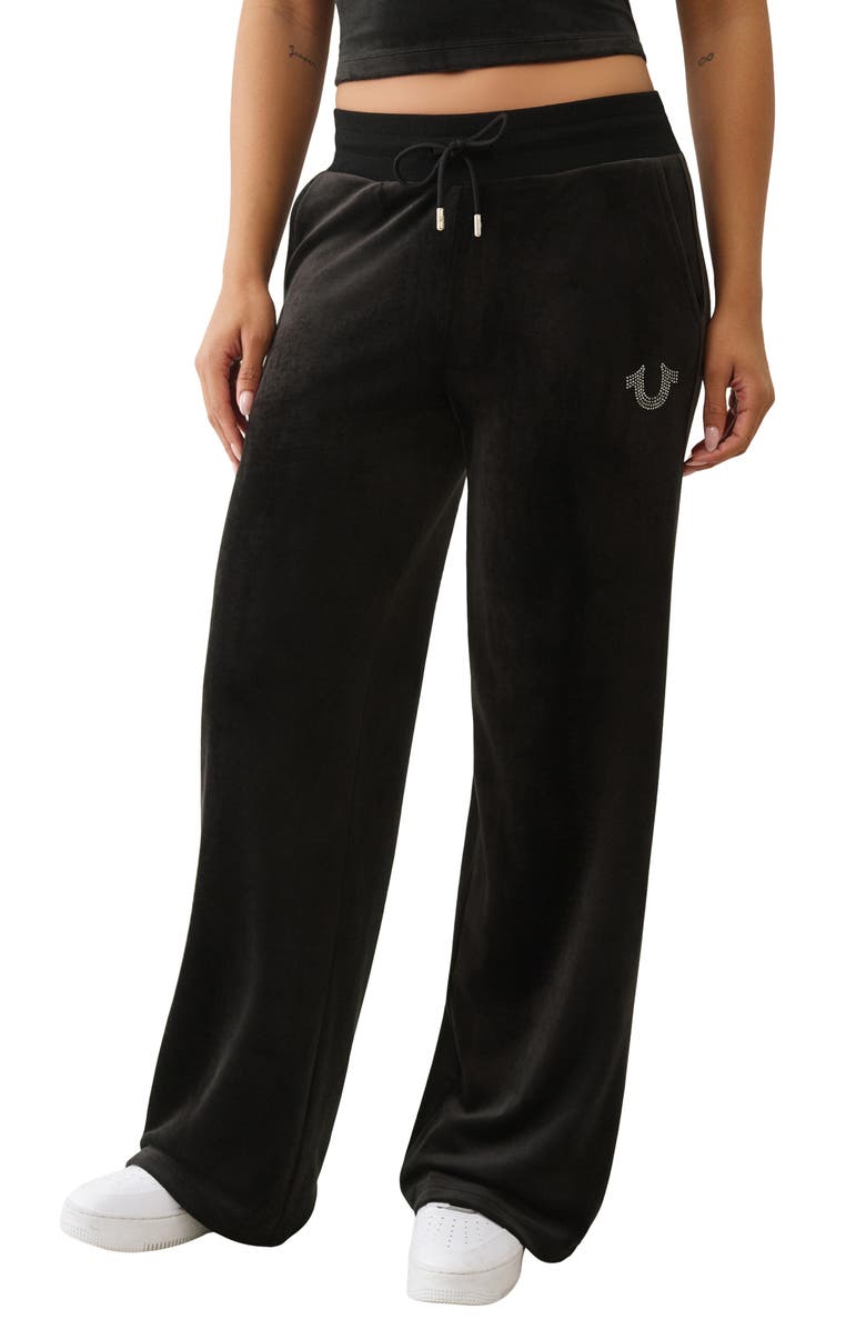 True Religion Crystal Velour Straight Leg Pants, Main, color, Jet Black