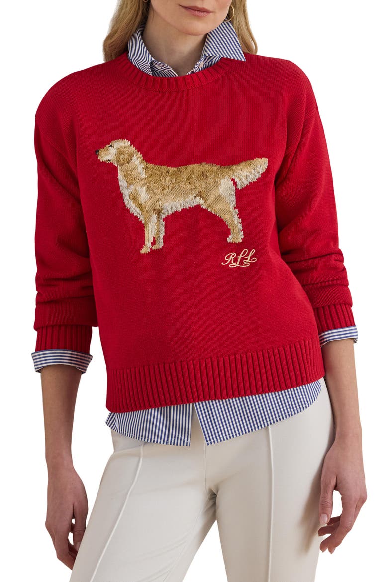 Golden Retriever Cotton Intarsia Sweater, Main, color, CRUISE RED MULTI