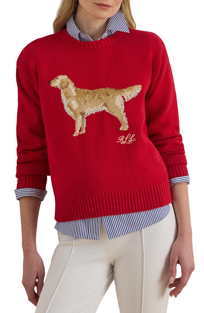 Lauren Ralph Lauren Golden Retriever Cotton Intarsia Sweater, Main, color, Cruise Red Multi