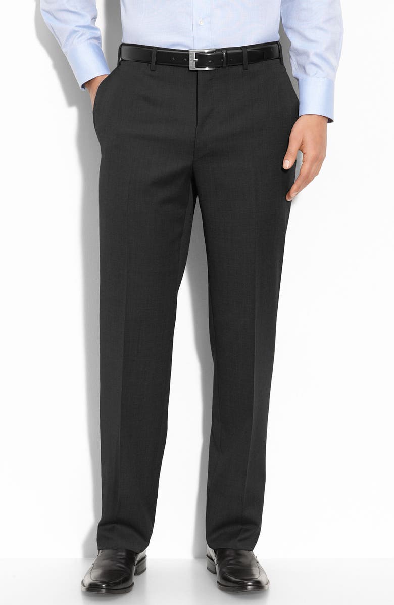Canali Wool Flat Front Trousers, Main, color, Black