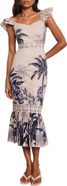 MINT VELVET Palm Print Column Midi Dress