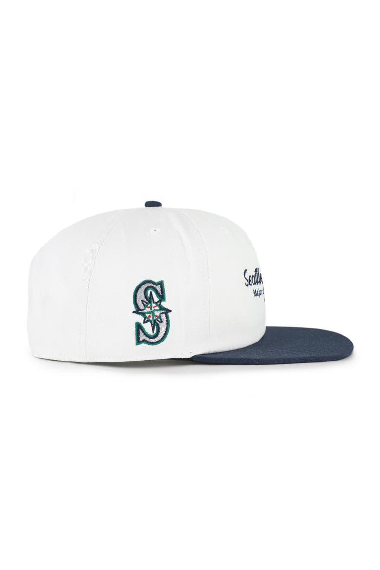 Men's '47 White/Navy Seattle Mariners Script Stack Relaxed Captain Snapback, Alternate, color, White