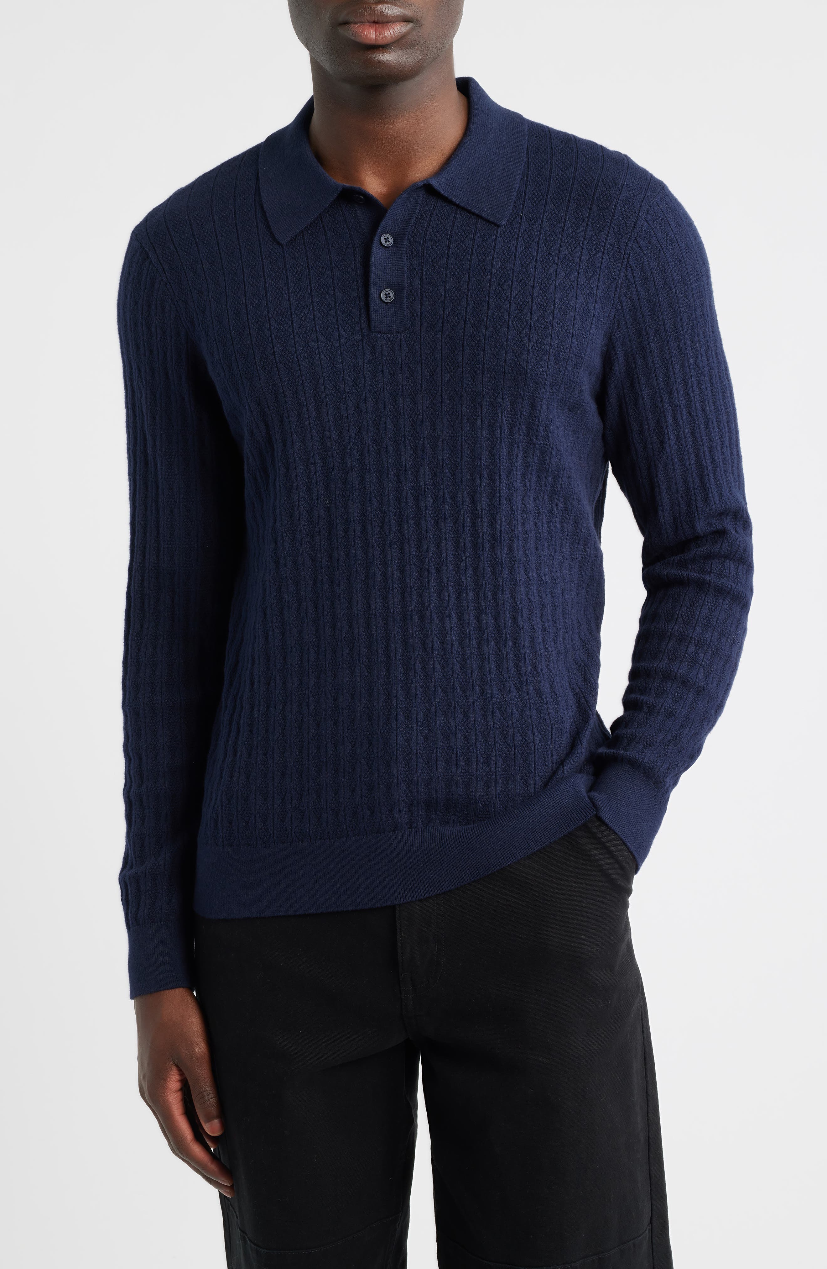 Wax London Oban Diamond Stripe Cotton & Cashmere Polo Sweater