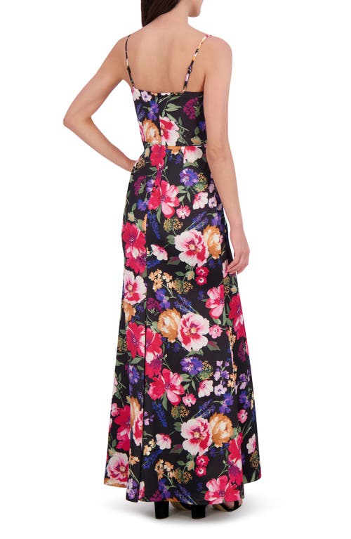 Vince Camuto Print Cowl Neck Satin Gown In Black Multi