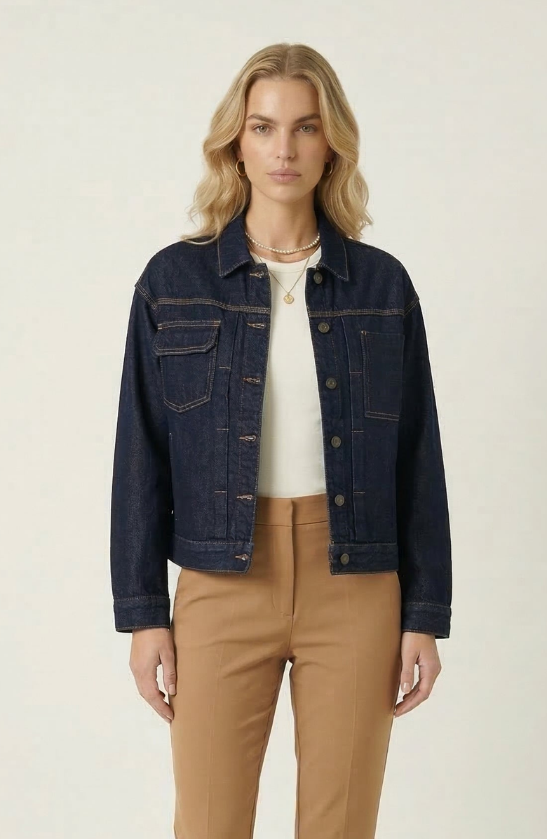 Modenaire Utility Patch Pocket Denim Jacket, Main, color, Dark Indigo