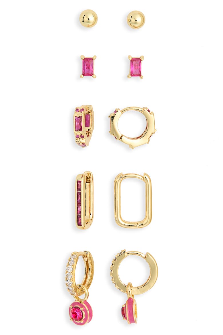Set of 5 Cubic Zirconia Stud, Drop & Huggie Hoop Earrings, Alternate, color, PINK MULTI- GOLD