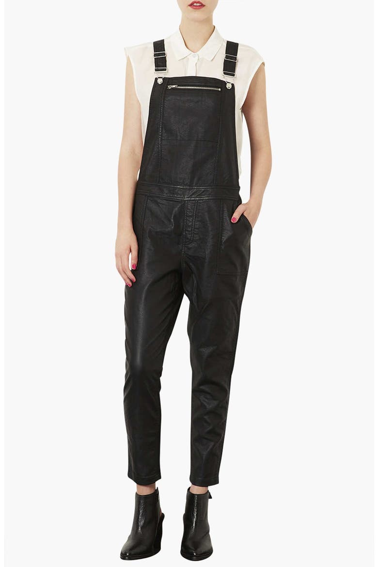 Faux Leather Overalls, Main, color, BLACK