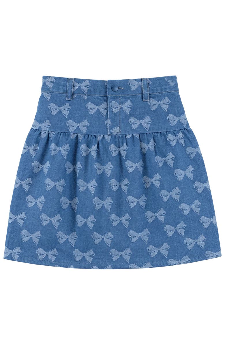 Puddles Bow Denim Fly Snap Front Elastic Back Waist Skirt, Main, color, Light Denim
