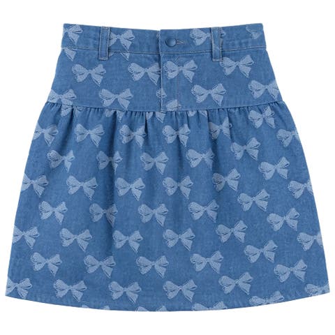 Bow Denim Fly Snap Front Elastic Back Waist Skirt (Toddler, Little Kid & Big Kid)