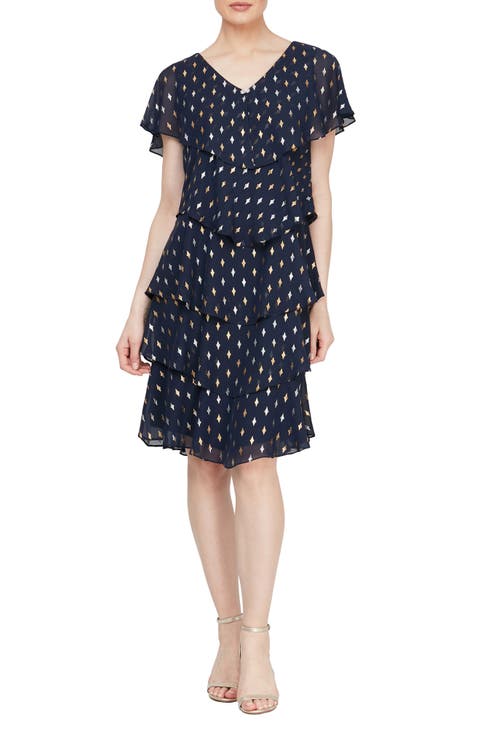 Tiered Metallic Print Chiffon Dress