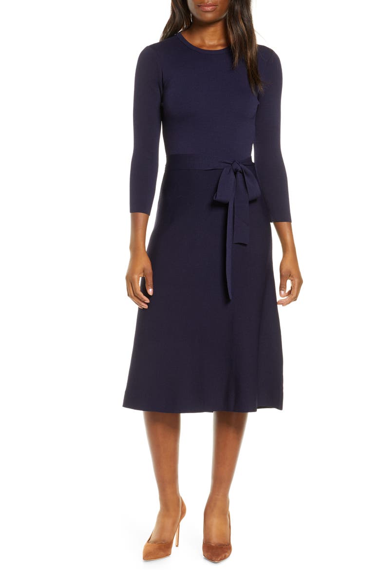 Fit & Flare Sweater Dress, Main, color, NAVY