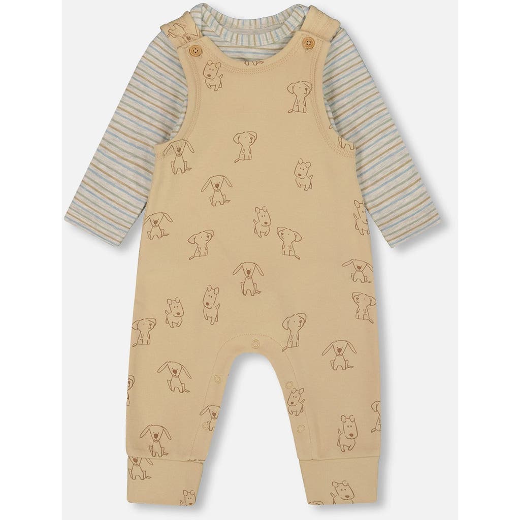 Deux Par Deux Organic Cotton Allover With Overalls Set Dogs In Nude