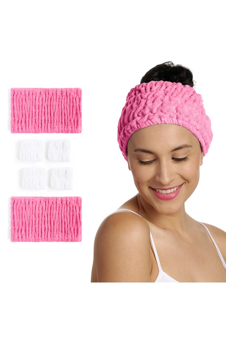 2 Turbie Band and 4 Turbie Wrist Bands Cotton Spa Set, Main, color, Pink